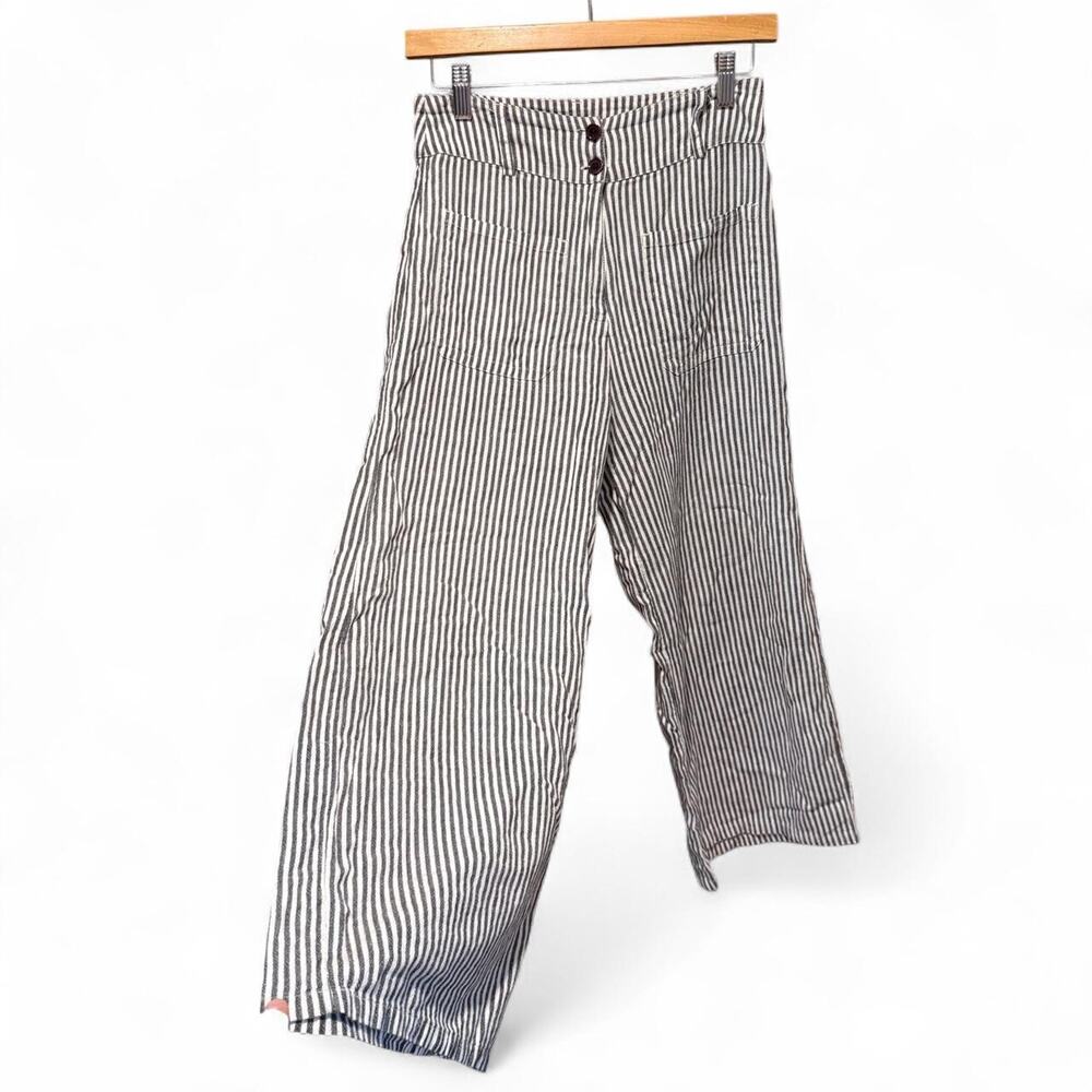 Billabong Gray White Striped Wide Leg Pants High Waisted Linen Beachy M S Lagen